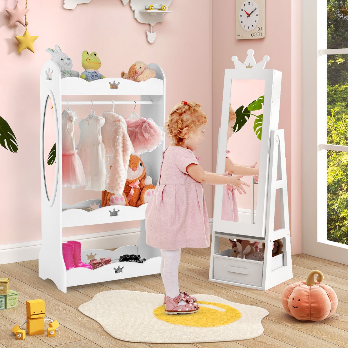 Kinder Schmuckschrank 3 in 1 Spiegelschrank neigbar mit Ganzkörperspiegel Weiß