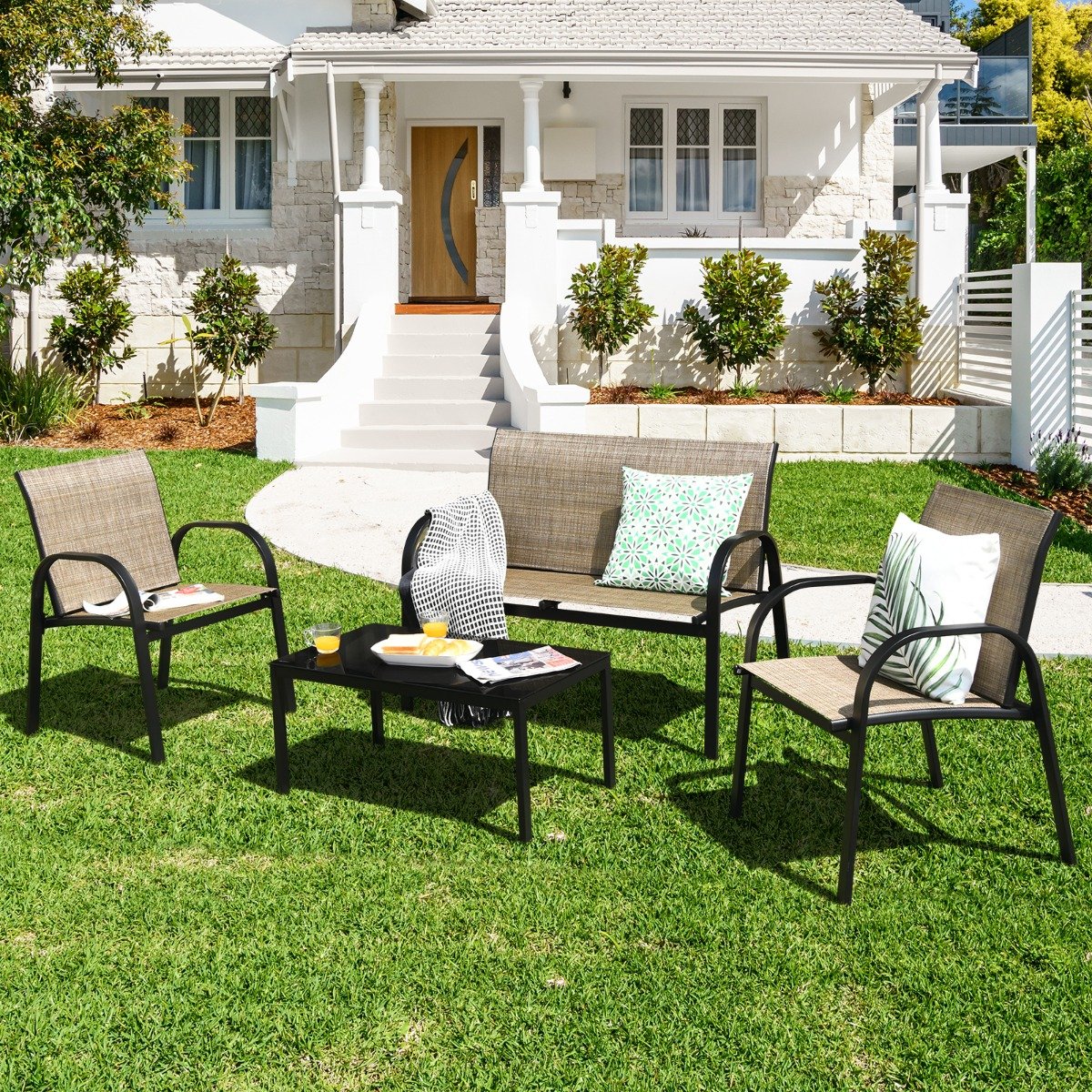4 TLG. Gartenmöbel Set mit Bank & 2 Stühlen & Couchtisch Lounge Balkonmöbel Set Braun