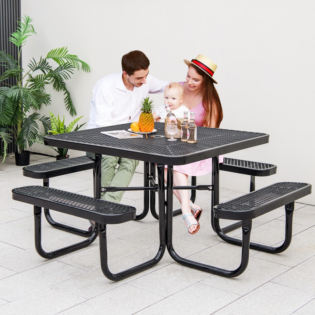 Sitzgarnitur für 8 Personen Picknicktisch mit Schirmloch & 4 Bänken Quadratischer Gartentisch
