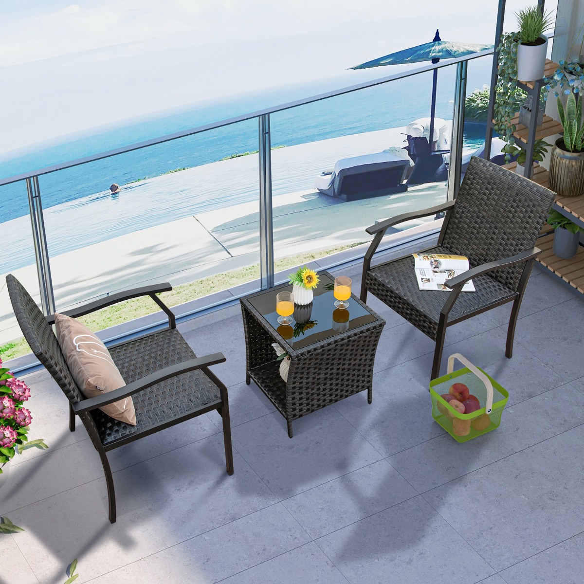 3-teiliges Gartenmöbel Set Rattan Balkonset mit 2 Stühlen und Tisch Gemischtes Braun