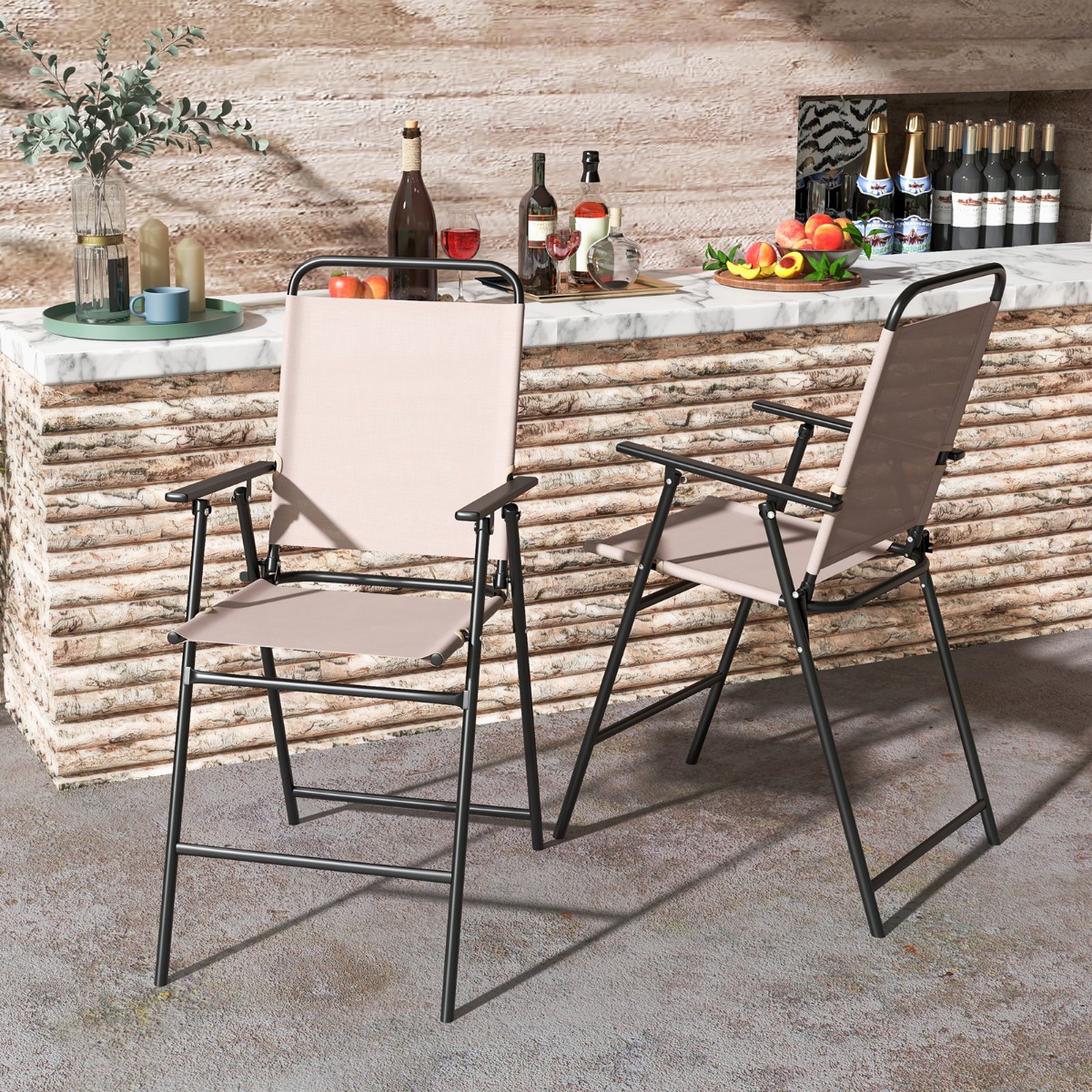 2er Set Gartenstühle hohe Klappstühle mit Fußstütze Sitzhöhe 63 cm Beige + Metall