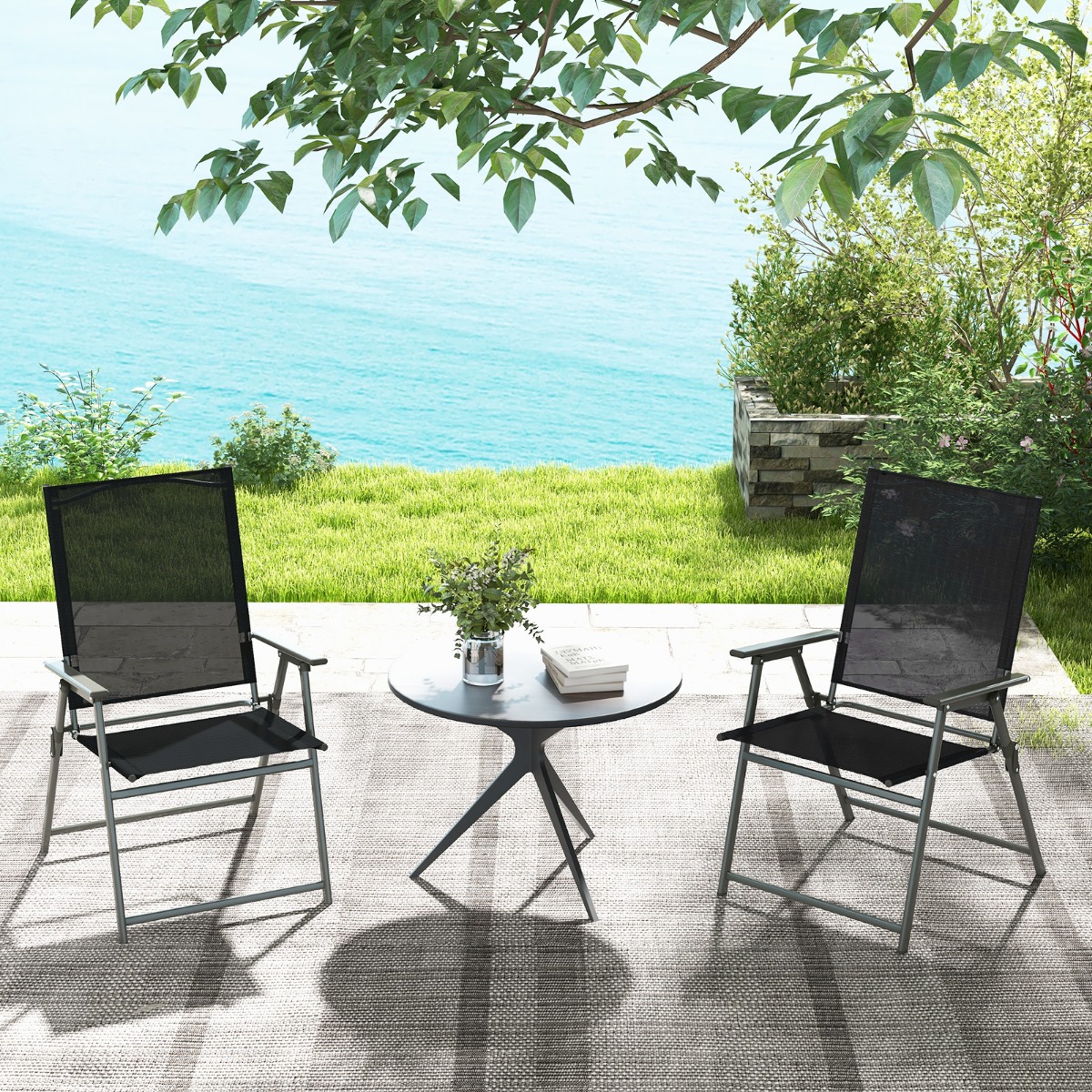 2er Set Gartenstühle Klappstühle mit wetterfestem Stoff Balkonstühle mit Armlehnen Schwarz