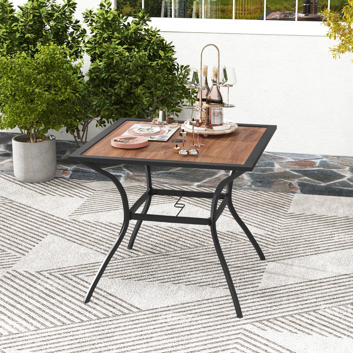 Gartentisch mit Tischplatte in Holzoptik Terrassentisch mit verstellbarem Schirmloch 85 x 85 x 74 cm