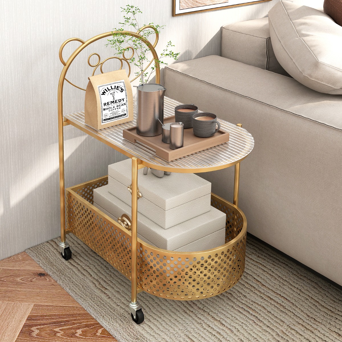 Beistelltisch Glas mit Rollen 2-stufiger Glastisch mit Bärenmuster 60 x 40 x 76 cm Golden