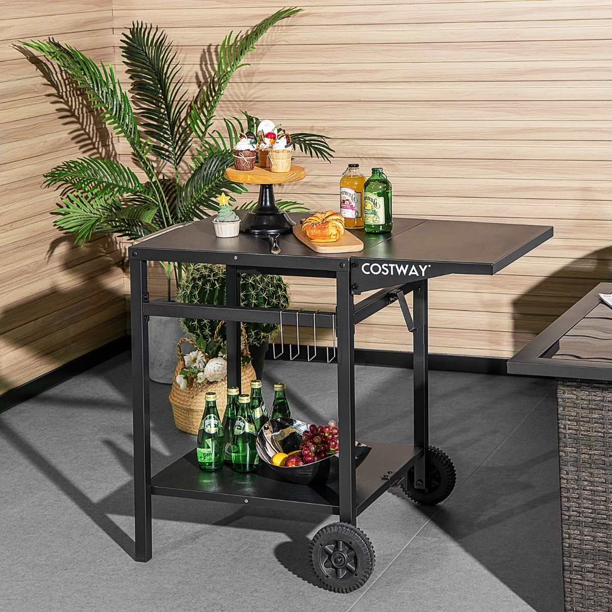 Grillwagen mit Klappbarer Tischplatte & 2 Ablagen & 4 Haken Beweglicher Campingtisch