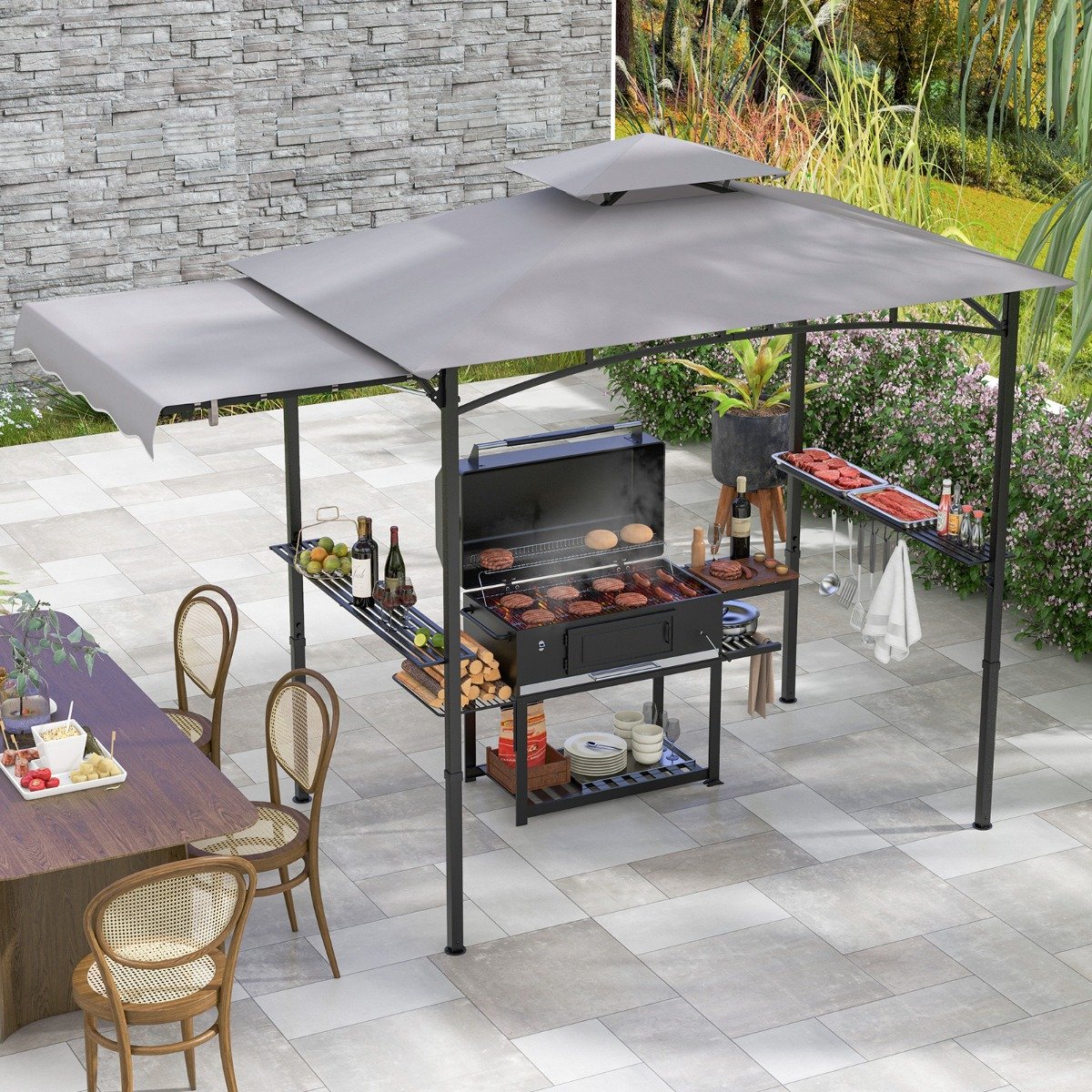 Grillpavillon mit Seitenmarkise & Doppeldach & Seitenregalen & Haken Wetterfeste Grillüberdachungen
