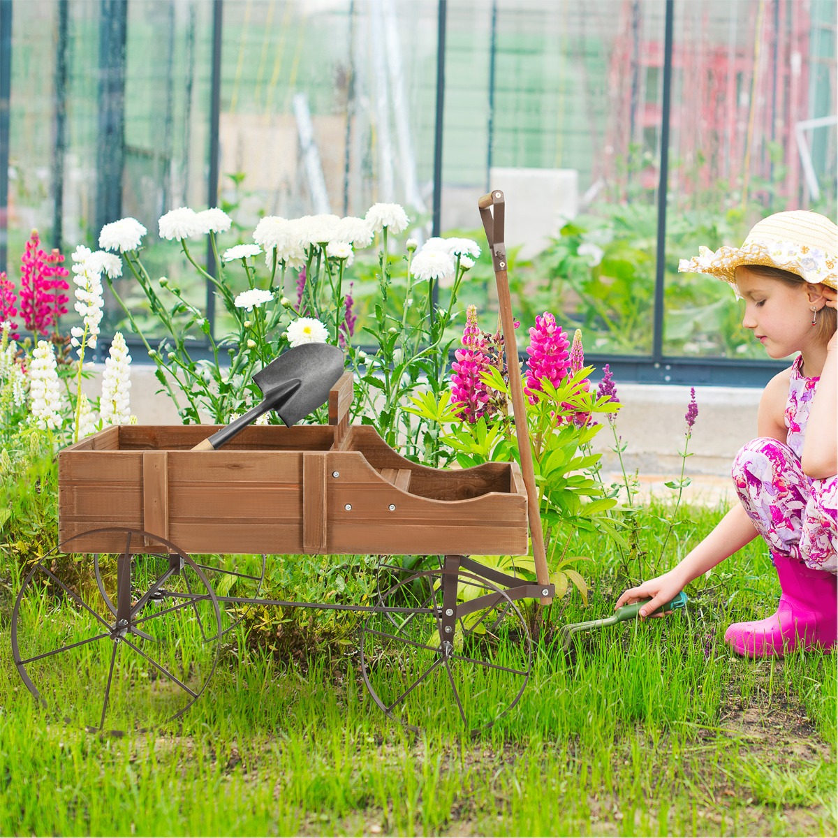 Blumenständer Holzwagen Blumenkasten Pflanzenständer für Garten 62 x 34 x 60 cm Braun