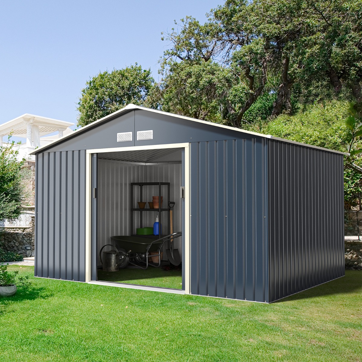 Gerätehaus Metall mit 4 Luftschlitzen & Schiebetür Geräteschuppen abschließbar 340 x 255 x 210 cm Outdoor (Nur Gerätehaus)