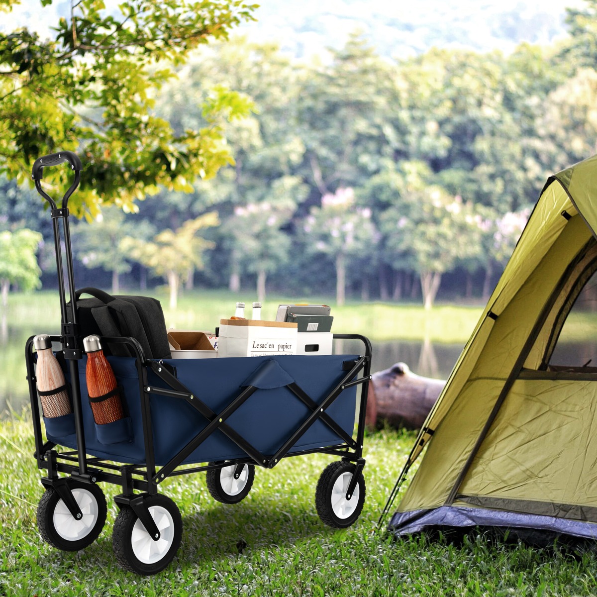 Faltbarer Bollerwagen mit Verstellbarem Griff & Getränkehaltern bis 68 kg Belastbar für Einkaufen Camping Marineblau