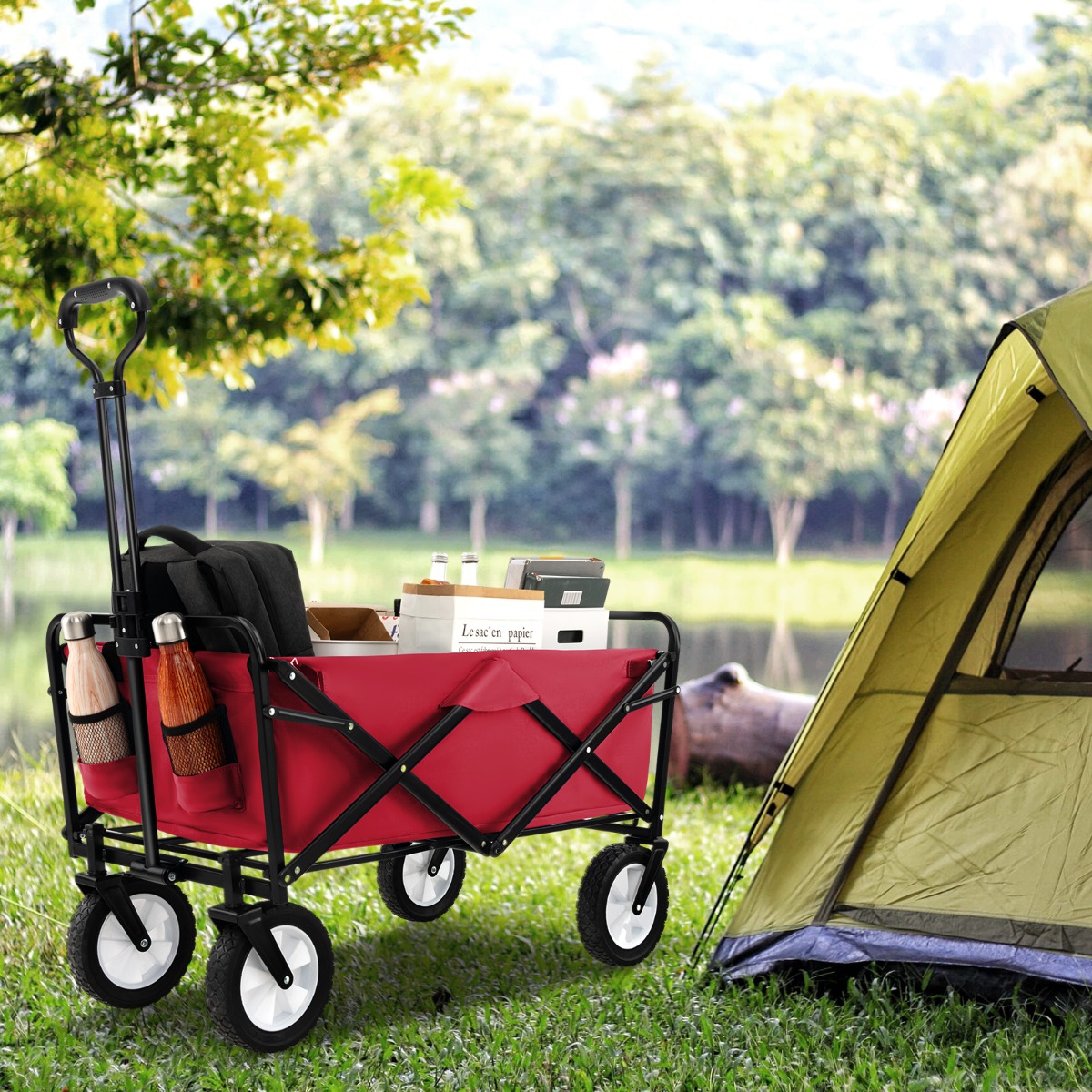 Faltbarer Bollerwagen mit Verstellbarem Griff & Getränkehaltern bis 68 kg Belastbar für Einkaufen Camping Rot