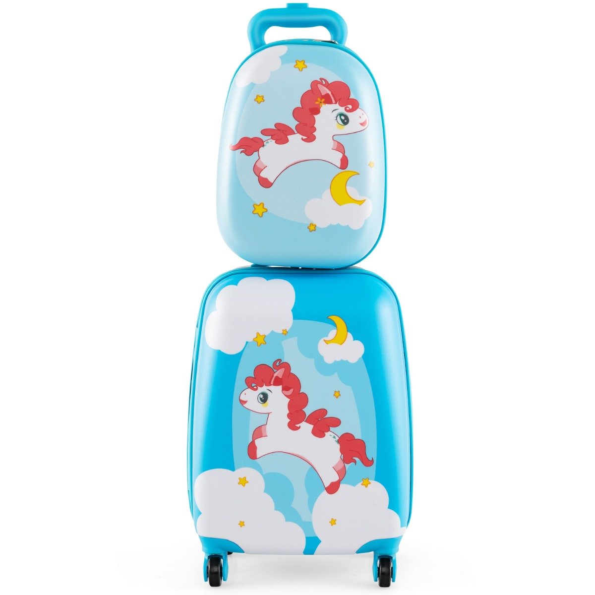 2tlg Kinderkoffer + Rucksack aus Kunststoff Kindertrolley Kindergepäck 12"+16" Blau Pferd