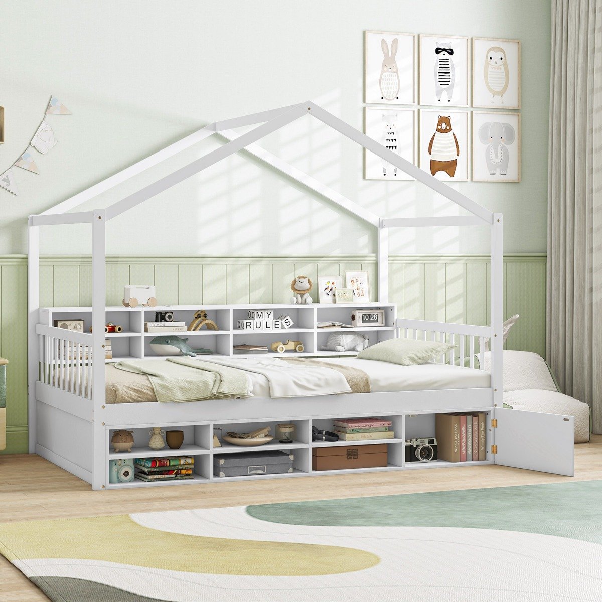 Hausbett 200 x 90 cm Kinderbett in Hausform mit Rausfallschutz & Lattenrost mit 14 Fächern Weiß