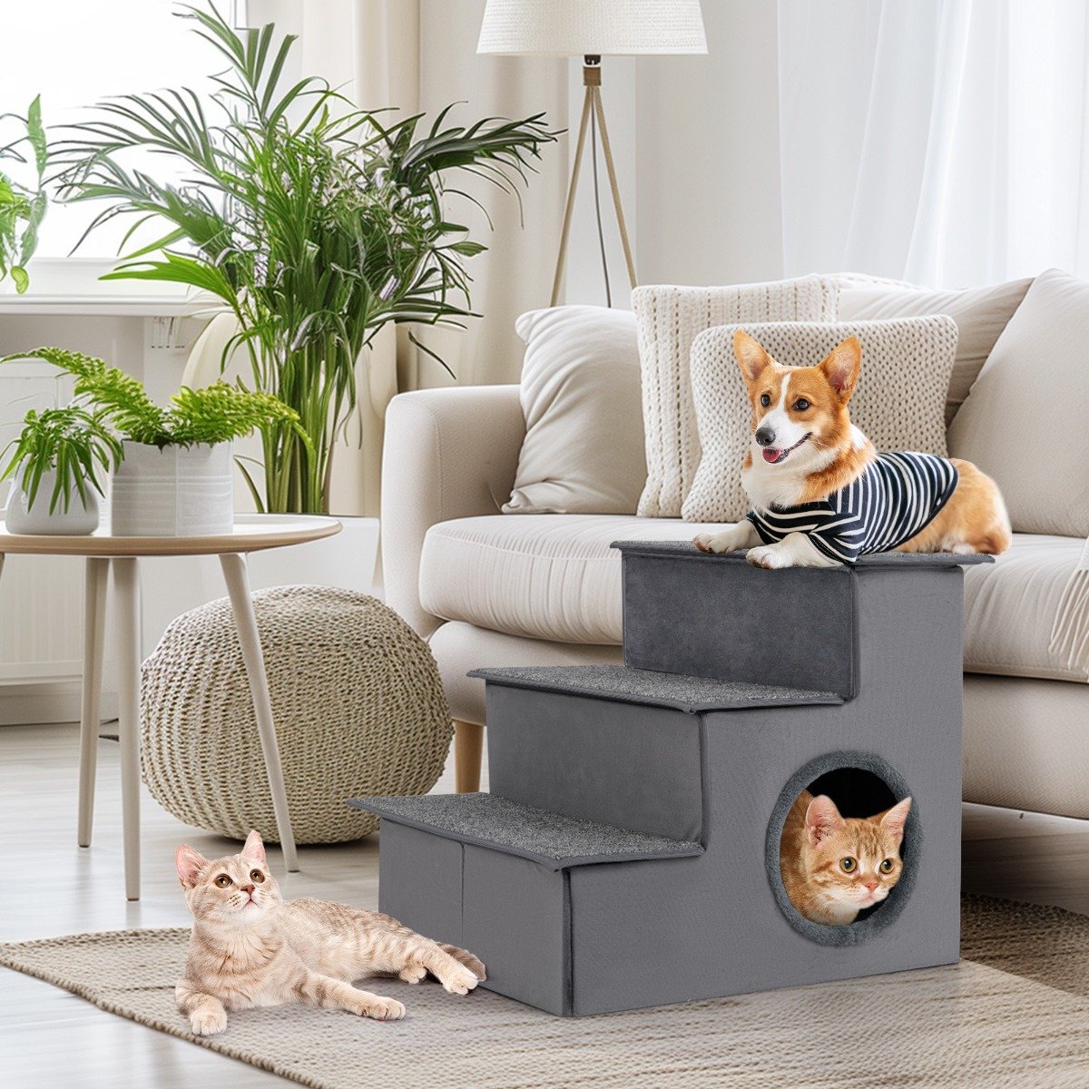 3 Stufen Hundetreppe mit Haus & Rutschfester Boden Faltbare Haustiertreppe Kletterleiter