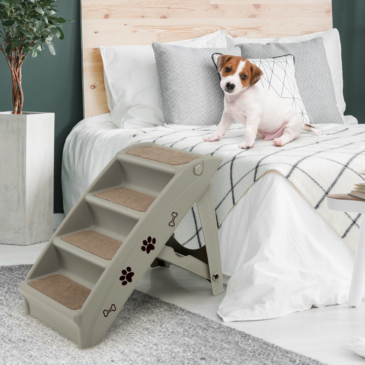 Haustiertreppe mit 4 Stufen Tragbare Kletterleiter Sichere Hunderampe 62,5 x 38 x 49 cm Grau