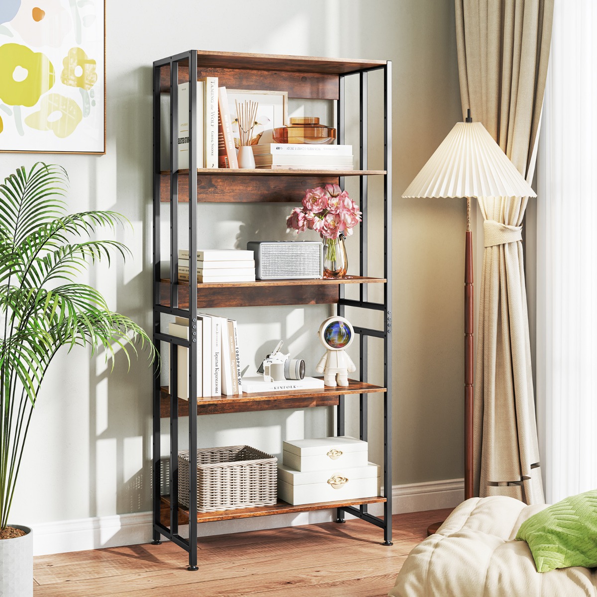 Bücherregal mit 5 Ebenen im Industriellen Stil Lagerregale Etagerenregal Standregal Braun