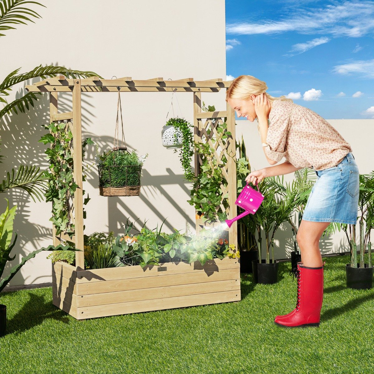 Hochbeet mit Rankgitter & Hängendem Dach Pflanzkasten Blumenkasten für Kletterpflanzen Natur