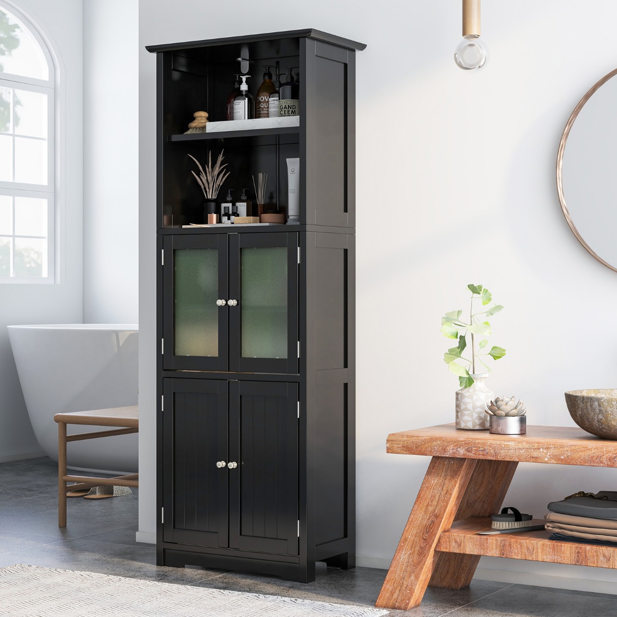 Badschrank mit Glastüren 2 offenen Fächern und verstellbaren Regalen Schwarz
