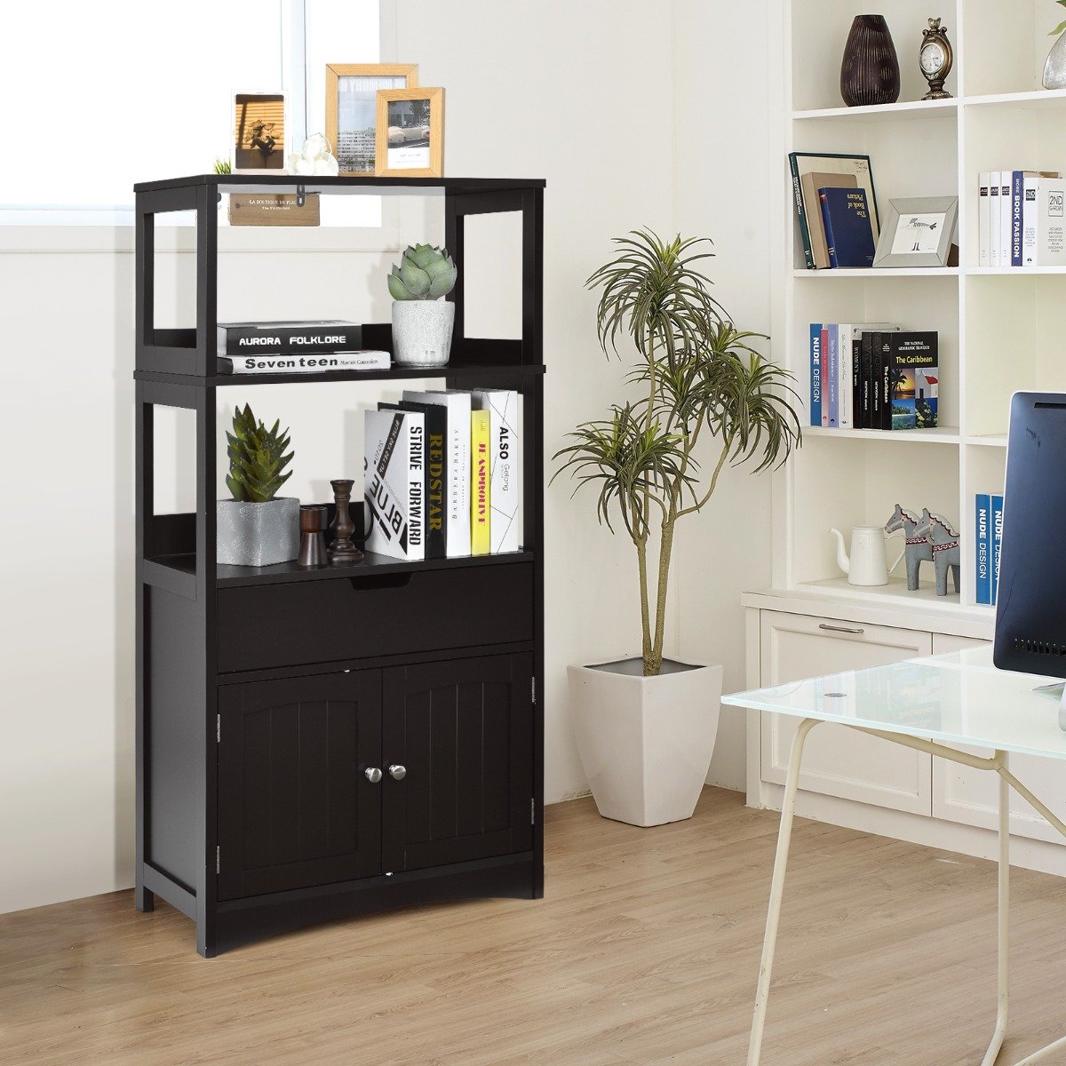 Freistehender Badezimmerschrank mit 2 Türen & 3 offenen Regalen & Schublade Hochschrank Schwarz