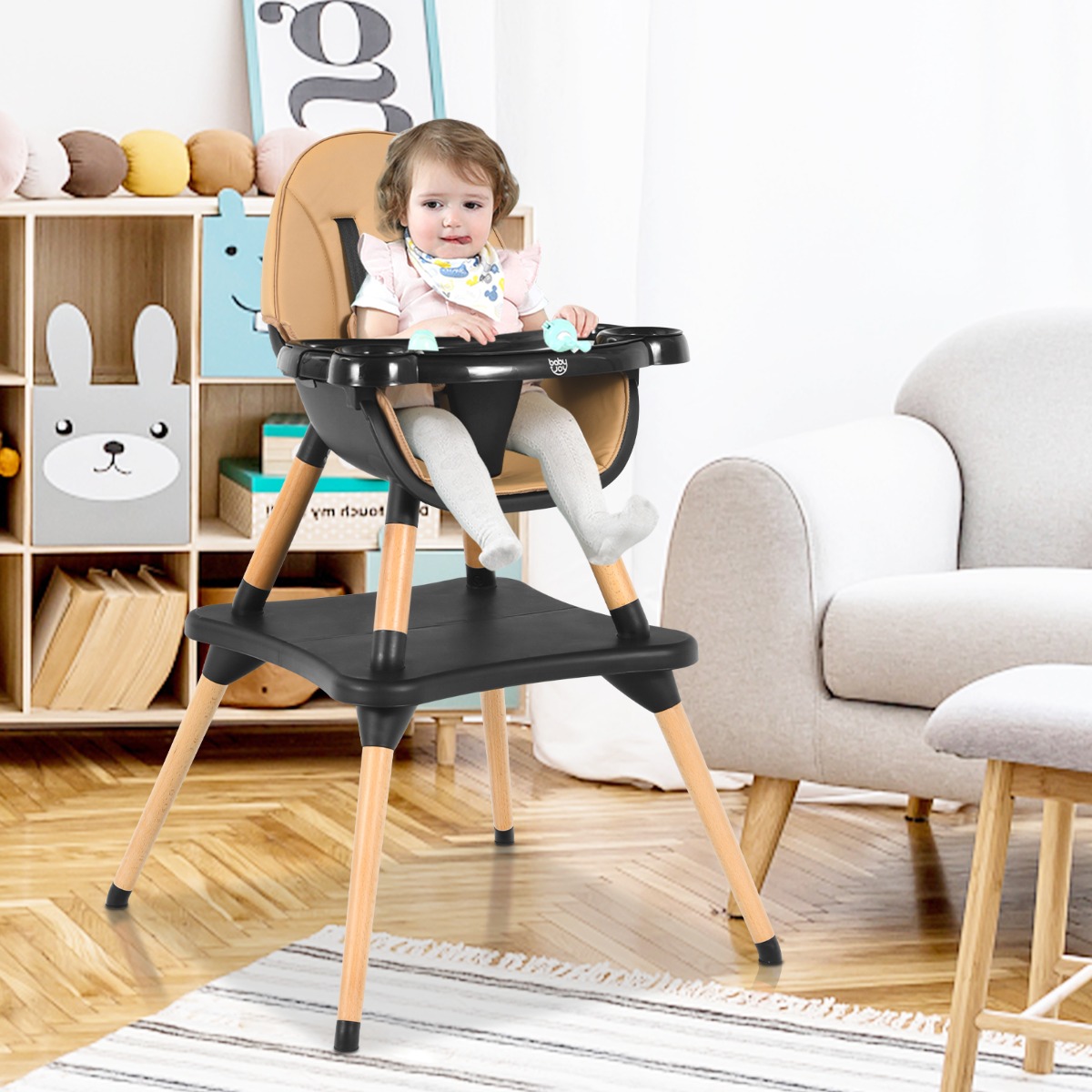4-in-1 Babyhochstuhl mit Sicherheitsgurt & Abnehmbares Tablett Kindersitzgruppe Braun