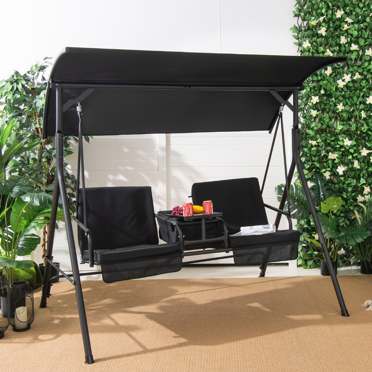 Hollywoodschaukel mit Kühltasche drehbarem Tablett und abnehmbaren Kissen Schwarz 180 x 124 x 161,5 cm