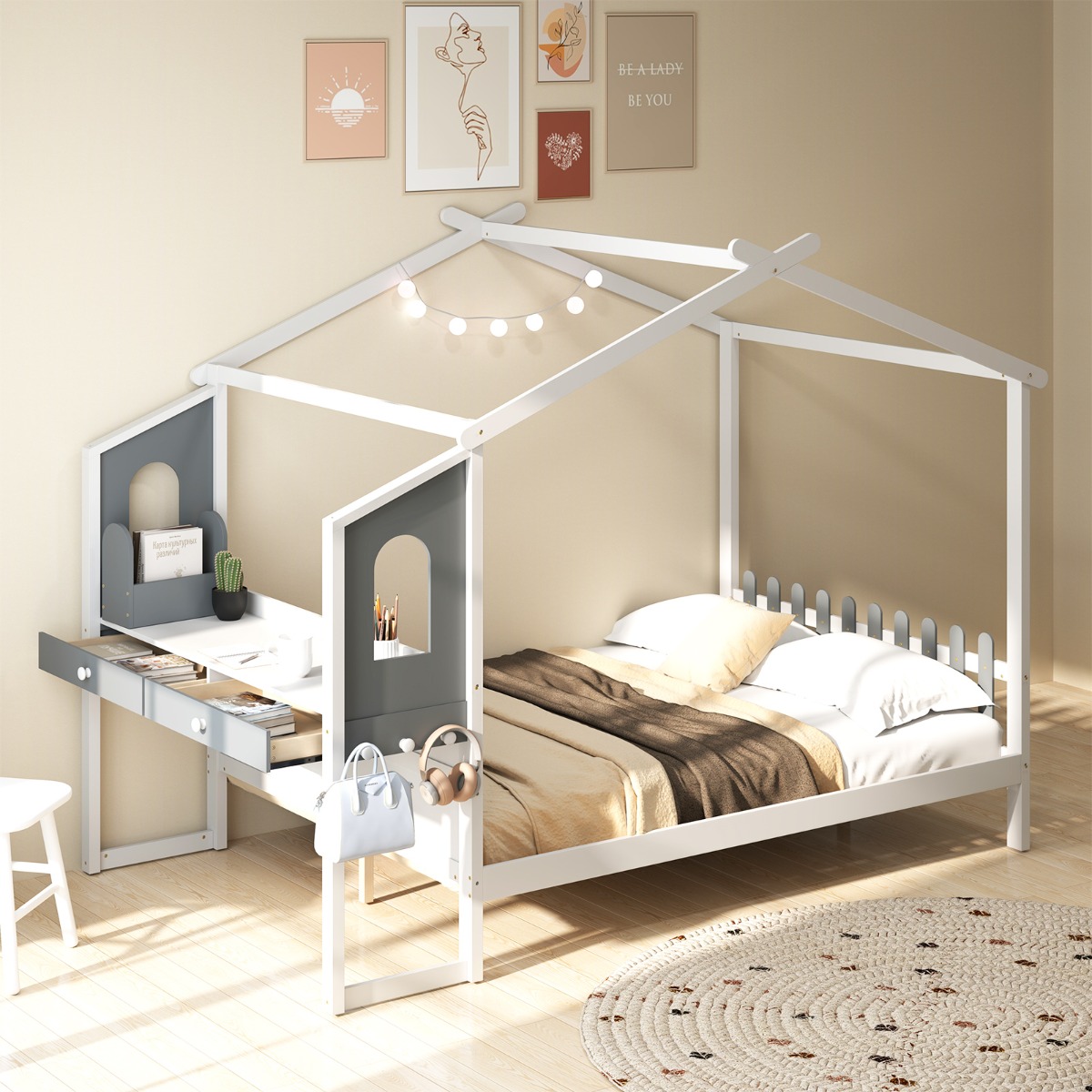 Doppelbett in Hausform mit Schreibtisch & Schubladen & 18 Holzlatten Matratzenbasis
