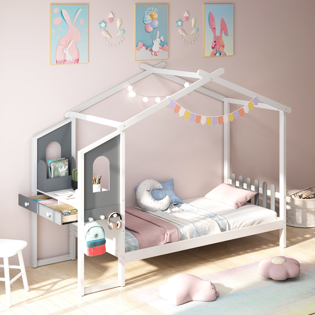 90 x 200 cm Hausbett mit Schreibtisch & Schubladen & Haken Kinderbett mit Lattenrost