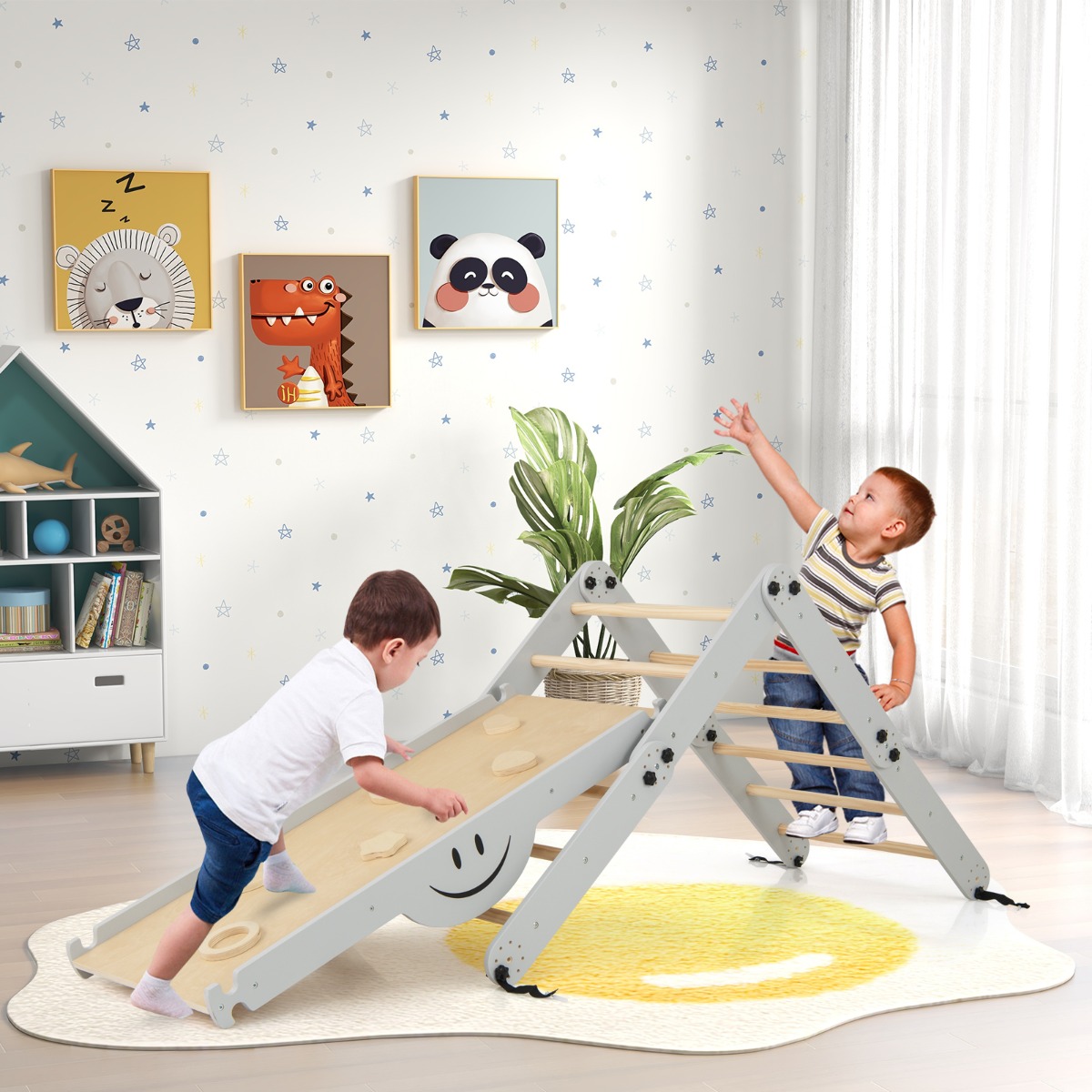 Faltbare Holzkletterer Spielzeuge mit Verstellbarer & Umkehrbarer Rampe Montessori Kletterset Grau