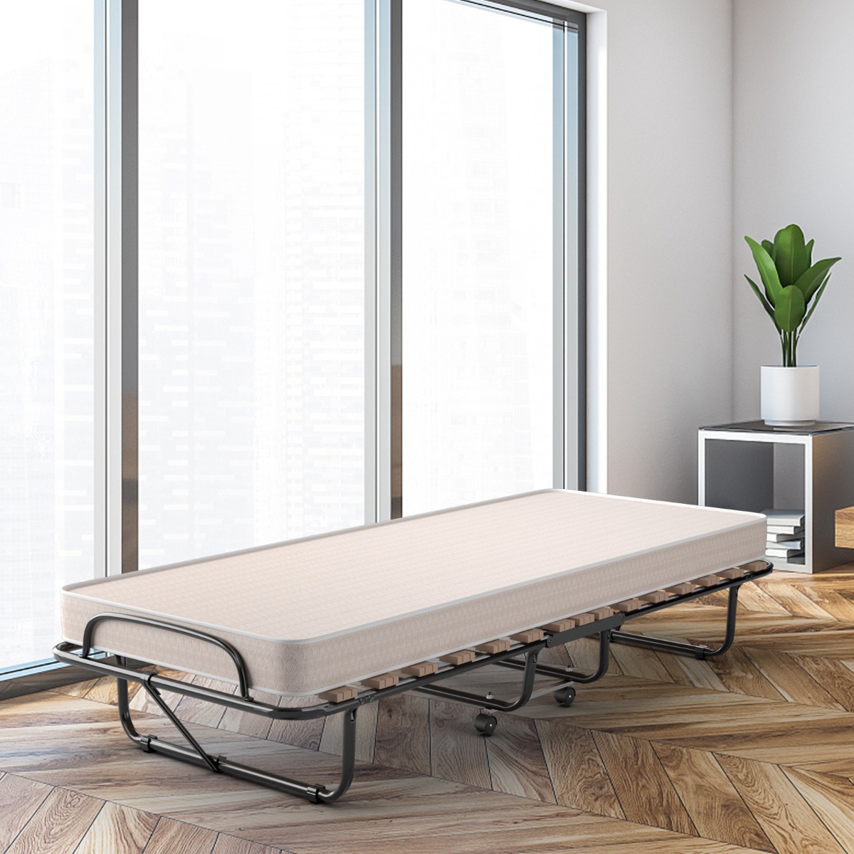Tragbares Gästebett auf Rollen mit Memory Schaum Matratze 80 x 190 x 33 cm Hellbeige hergestellt in Italien Herkunft: Italien
