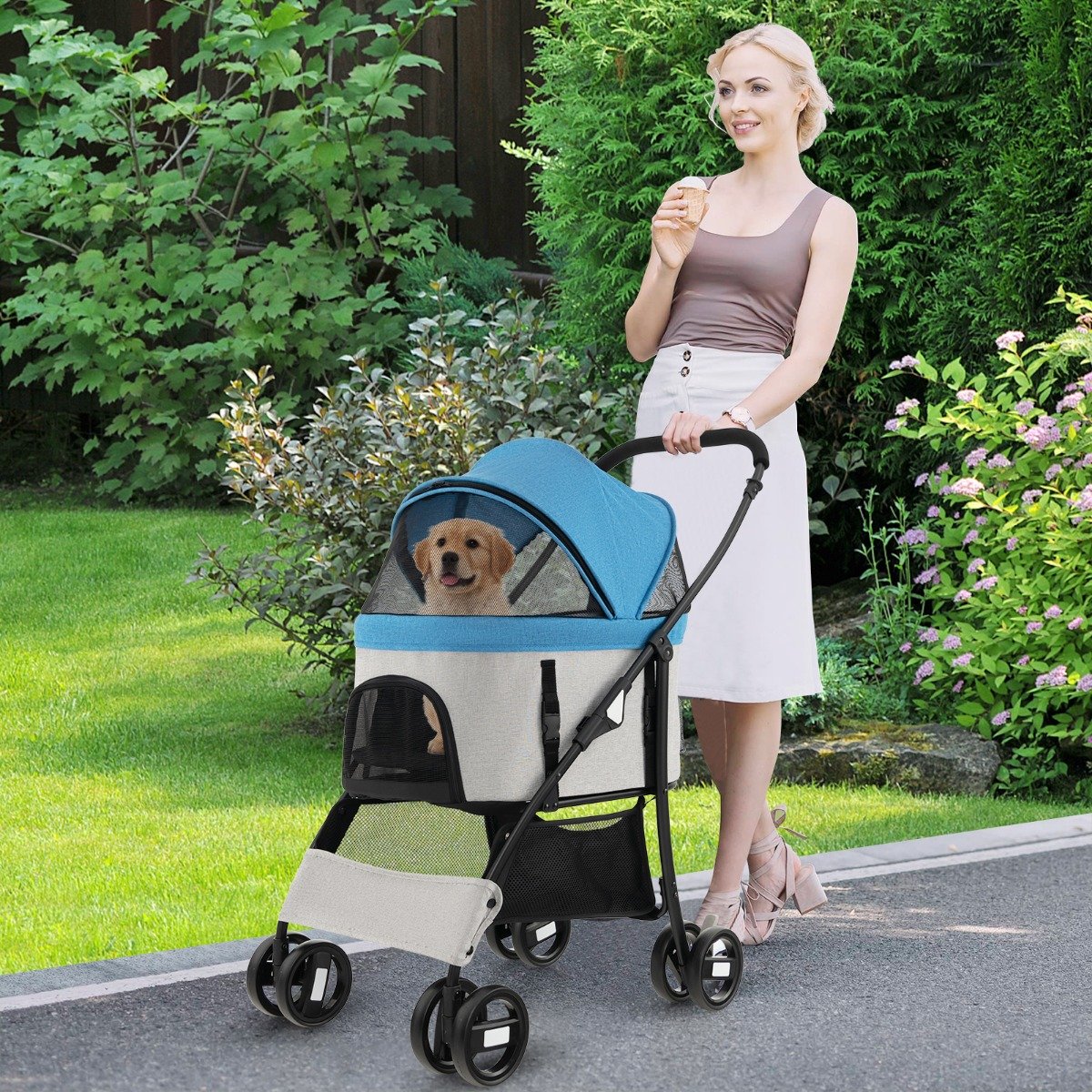 3 in 1 Hundewagen Hundebuggy klappbar bis 15 kg Haustierwagen mit Netzfenstern Blau