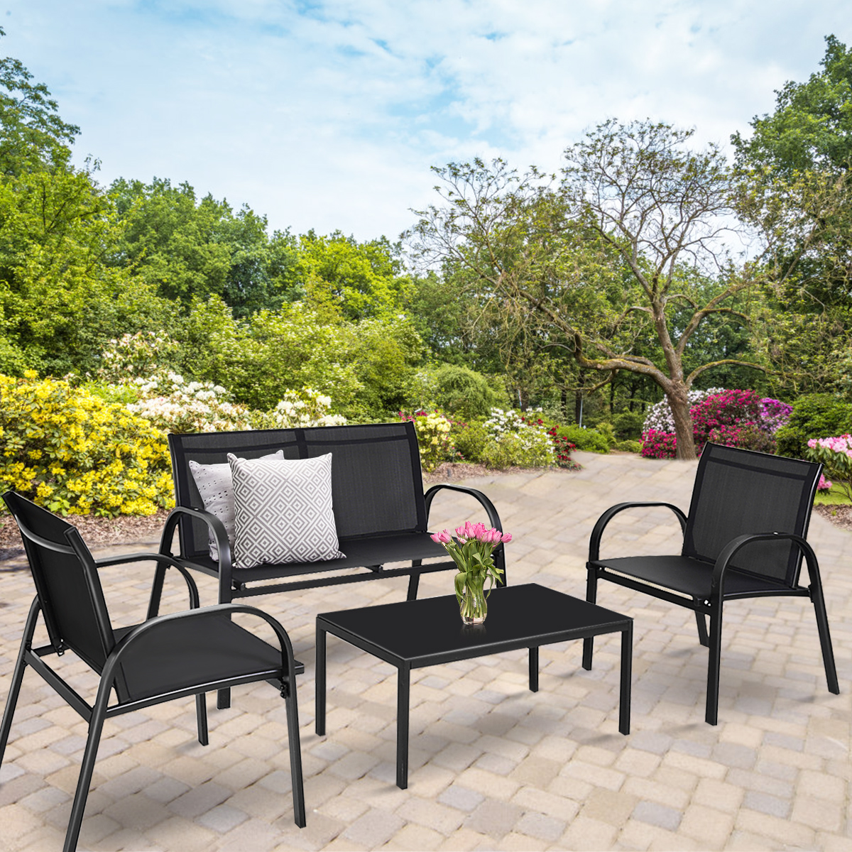 4-teiliges Terrassenmöbelset Terrassenmöbel Gartenmöbel Garten Lounge Set Sitzgruppe Sitzgarnitur Schwarz