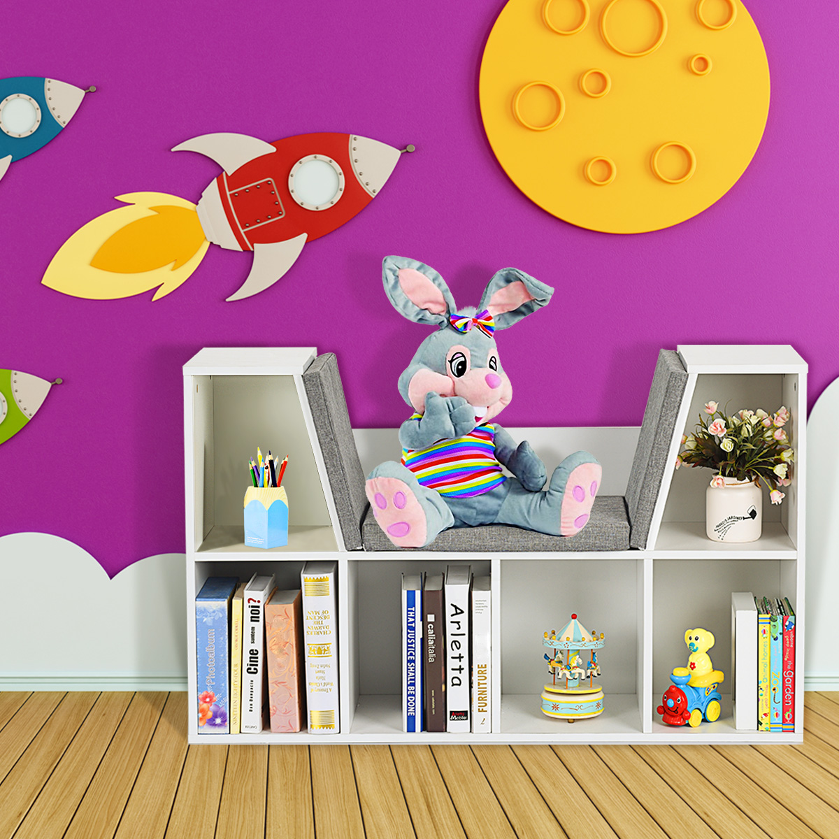 Kinder Bücherregal aus Holz mit Kissen & Rückenwand Würfelregal 102,5 x 30 x 63,5 cm Weiß