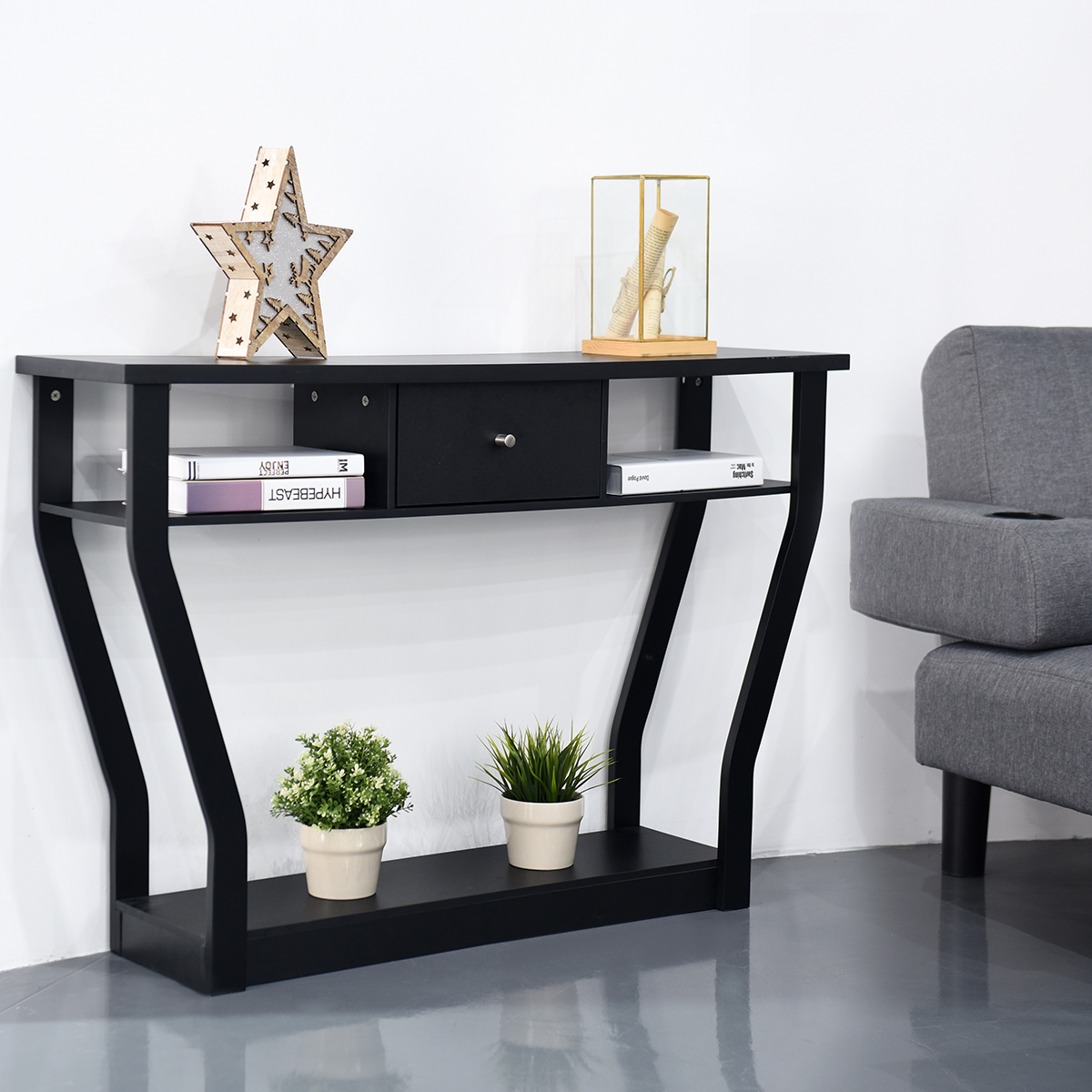 Konsolentisch schwarz Flurtisch mit Schublade und Regal 120 x 30 x 81 cm Schwarz