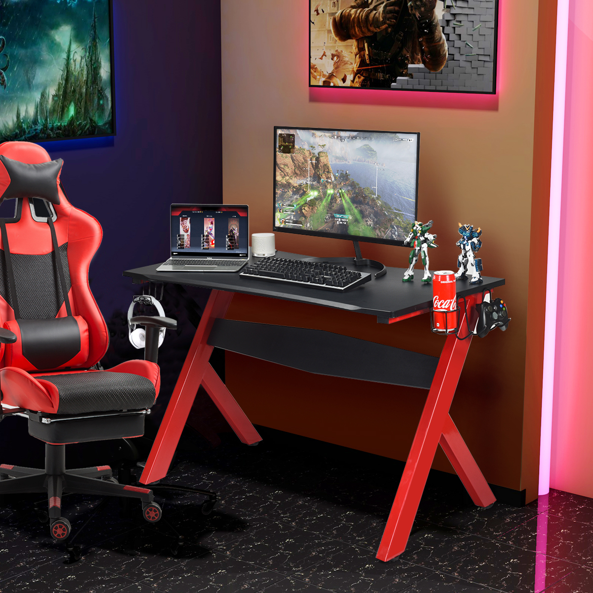 Gamingtisch Computertisch Gaming Schreibtisch mit Tassen- und Kopfhörerhalter und Mauspad für Zuhause Büro Spielzimmer