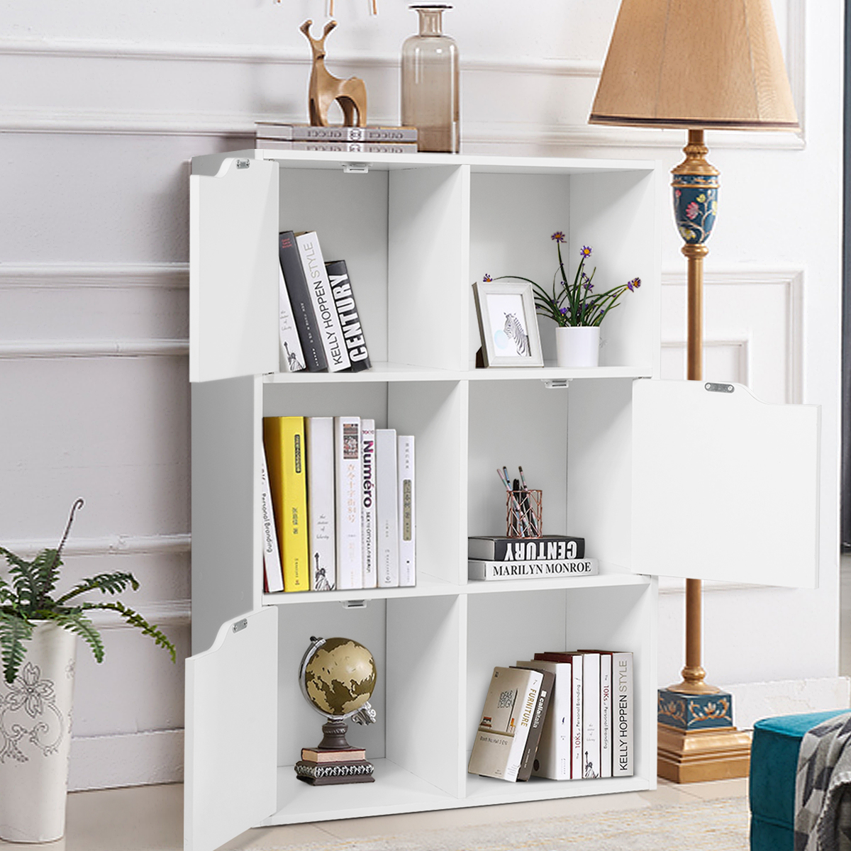 Freistehendes Regal mit Türen aus Holz Bücherregal mit 3 Offenen & 3 Geschlossenen Fächern