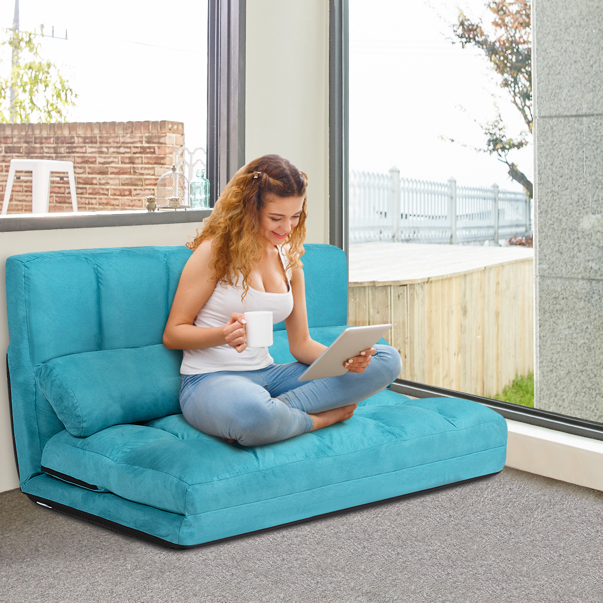 Bodensofa Einstellbares Bettsofa Schlafcouch Lazy Sofa Bett mit 2 Kissen Blau