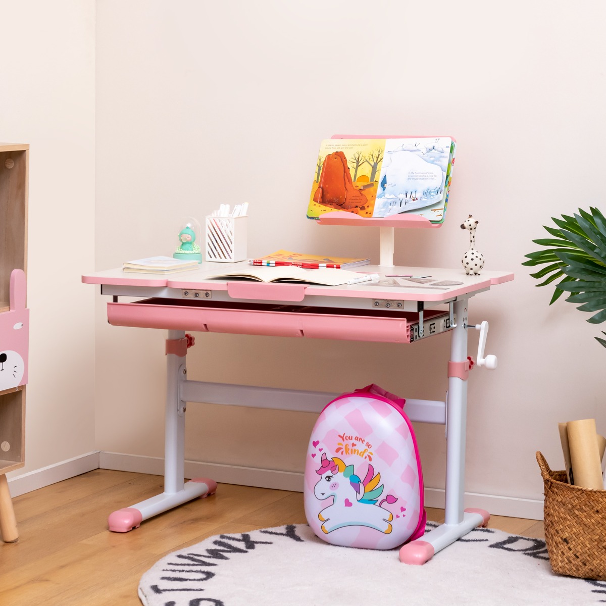 Kinderschreibtisch 51-73cm Höhenverstellbar Schülerschreibtisch mit neigbarer Tischplatte (Rosa Tisch)