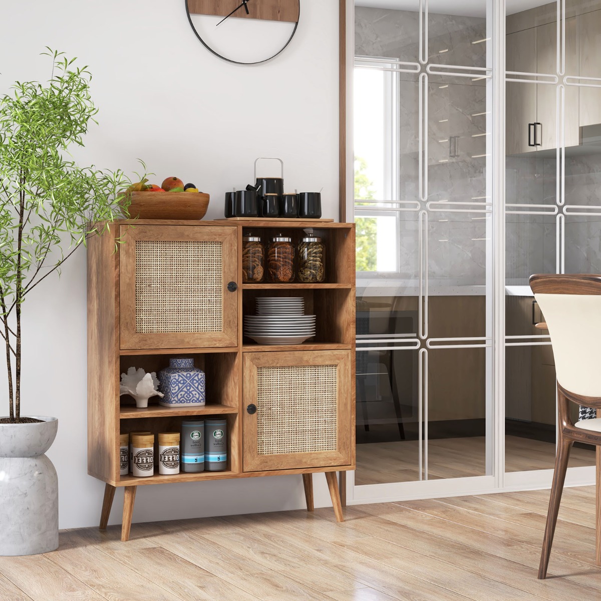 Sideboard Schrank aus Holz Kommode mit 4 Fächern & 2 Türen Anrichteschrank Rattan