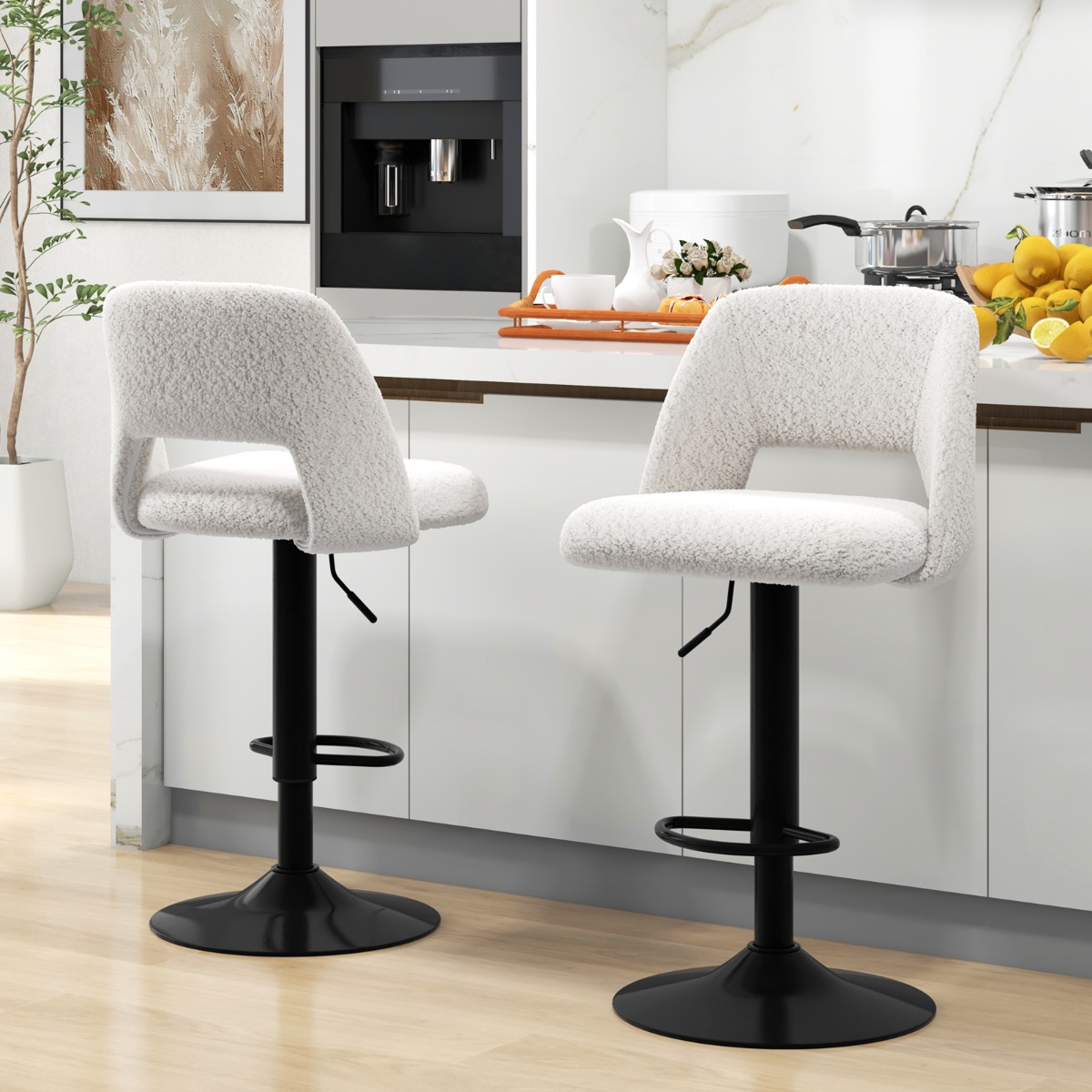 2 er Set Barhocker aus Teddystoff mit Rückenlehne & Fußstütze Barstühle Sitzhocker Thekenhocker