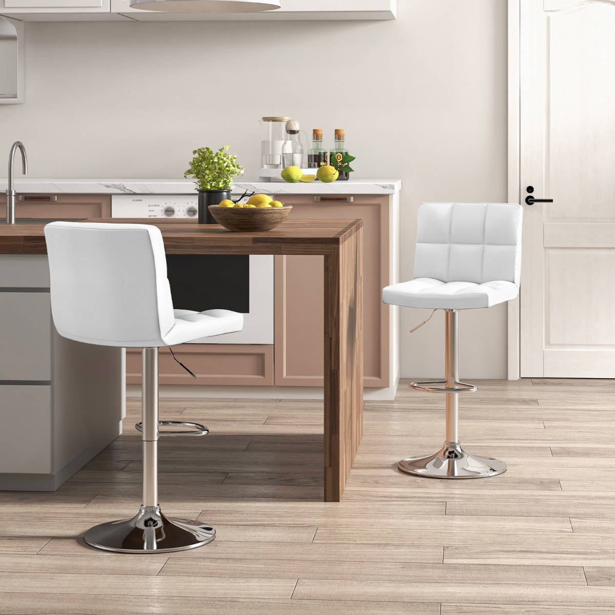 2er Set 360° Drehbarer Barhocker aus Kunstleder Höhenverstellbarer Barstuhl Sitzhocker Weiß