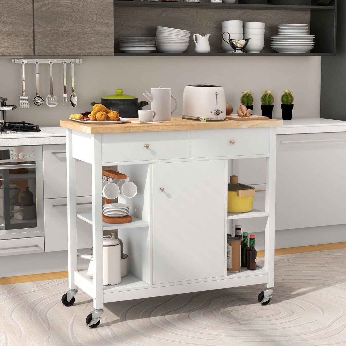 Küchenwagen mit Rollen Kücheninsel mit Arbeitsplatte Servierwagen mit 2 Schubladen 99 x 46 x 90 cm Weiß