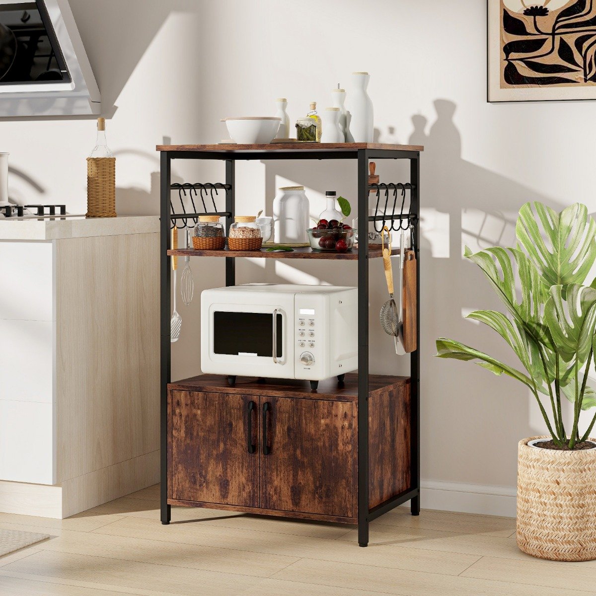 Küchenregal mit Schrank 3-stöckiger Bäckerregal mit 2 offenen Ablagen & 10 Haken 60 x 40 x 100 cm Braun