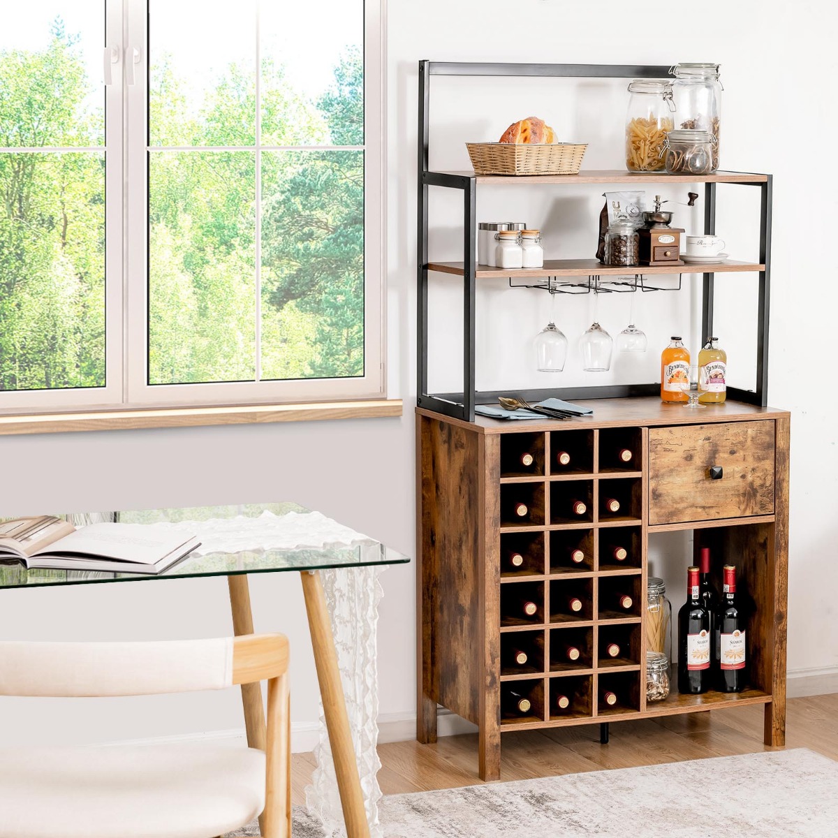 Küchenschrank 160cm Buffetschrank mit Weinregal für 18 Weinflaschen und Schublade 74 x 40 x 160 cm