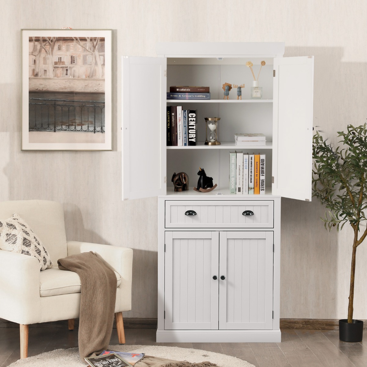 Küchenschrank 183 cm Buffetschrank aus Holz mit Verstellbarer Regalen 76 x 40 x 183 cm Weiß