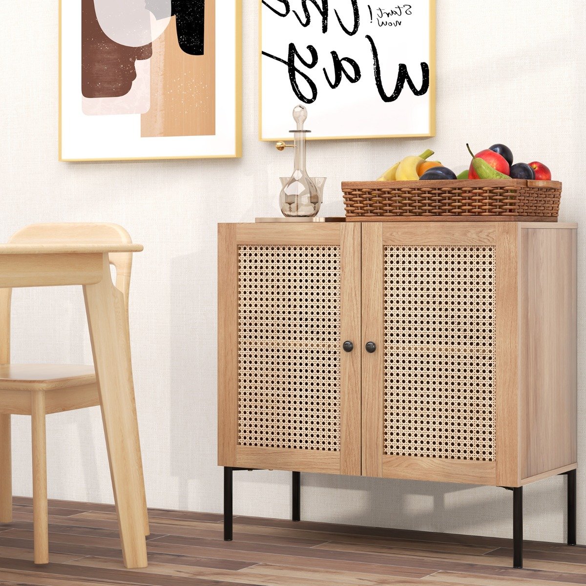 Sideboard mit Rattantüren & Arbeitsplatte & Verstellbaren Fächern Küchenschrank Eiche