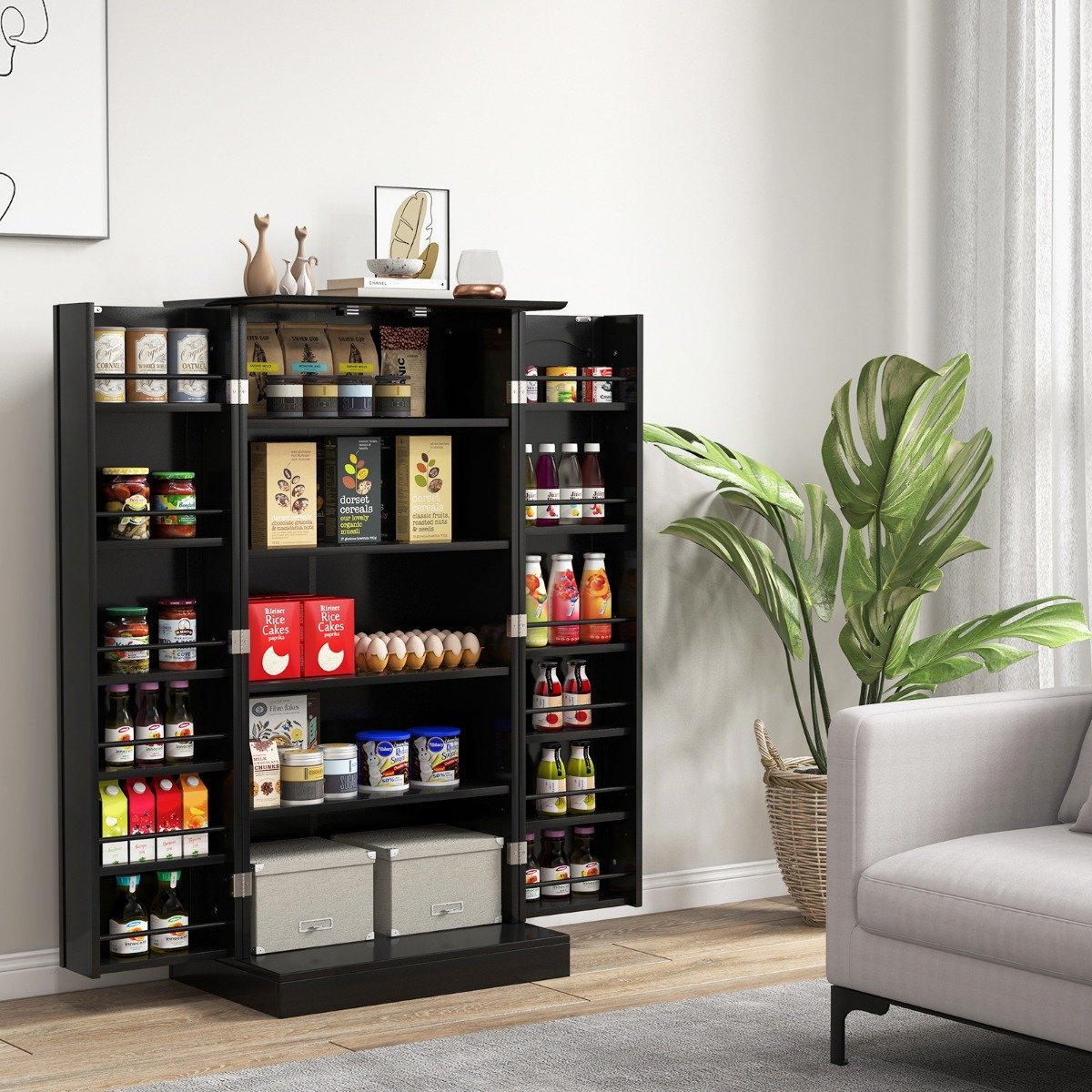 Küchenschrank Vorratsschrank Aufbewahrungsschrank mit 2 Türen & 6 verstellbaren Einlegeböden 60 x 40 x 120 cm Schwarz
