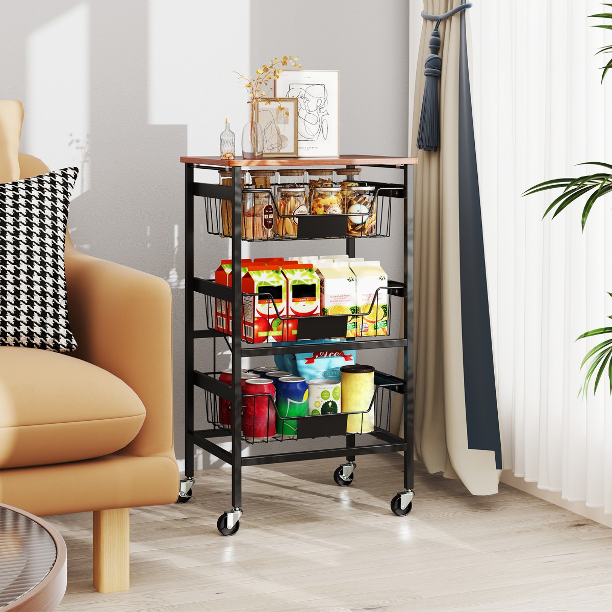 Servierwagen mit Rollen Gemüseregal mit ausziehbaren Körben Rollwagen mit 4 Etagen 42 x 31 x 74 cm