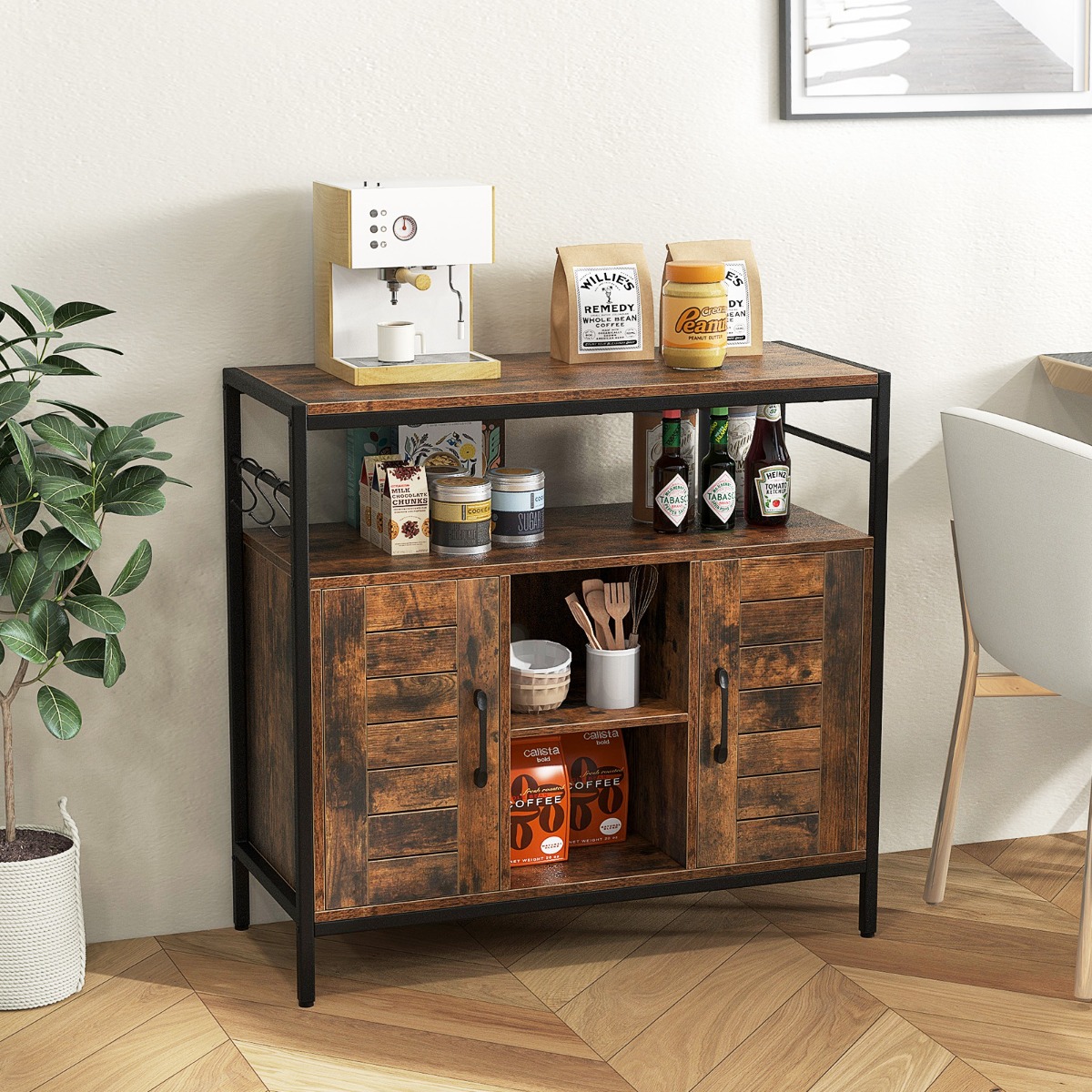 Buffet Schrank mit 2 Türen & Offenen Fächern & Verstellbaren Regalen & 3 Haken Sideboard