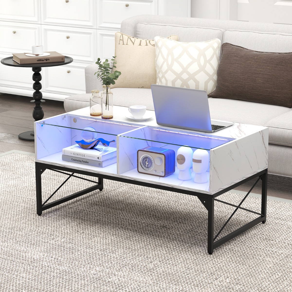 LED Couchtisch mit Marmor Optik & Einstellbaren Lichtfarben & Helligkeit Wohnzimmertisch Weiß