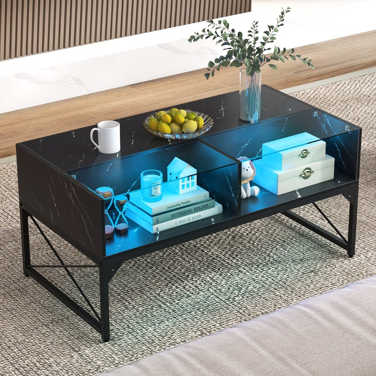 LED Couchtisch mit Marmor Optik & einstellbaren Lichtfarben & Helligkeit Wohnzimmertisch Schwarz