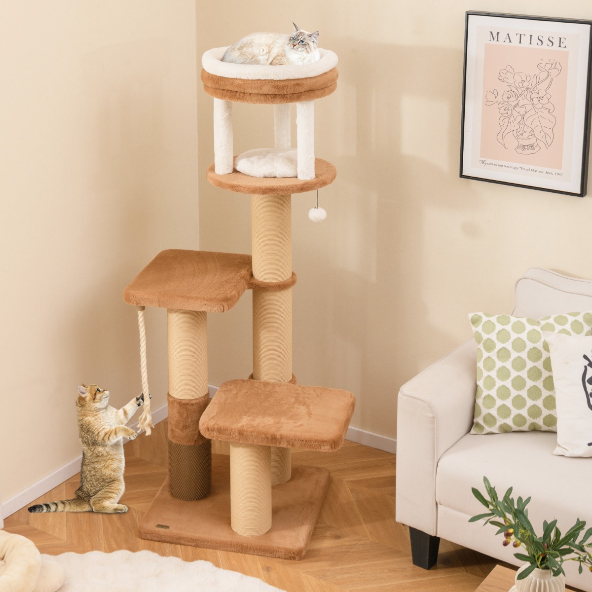Kratzbaum mit Fellbürste & Gepolsterter Sitzfläche & Abnehmbarem Katzenbett
